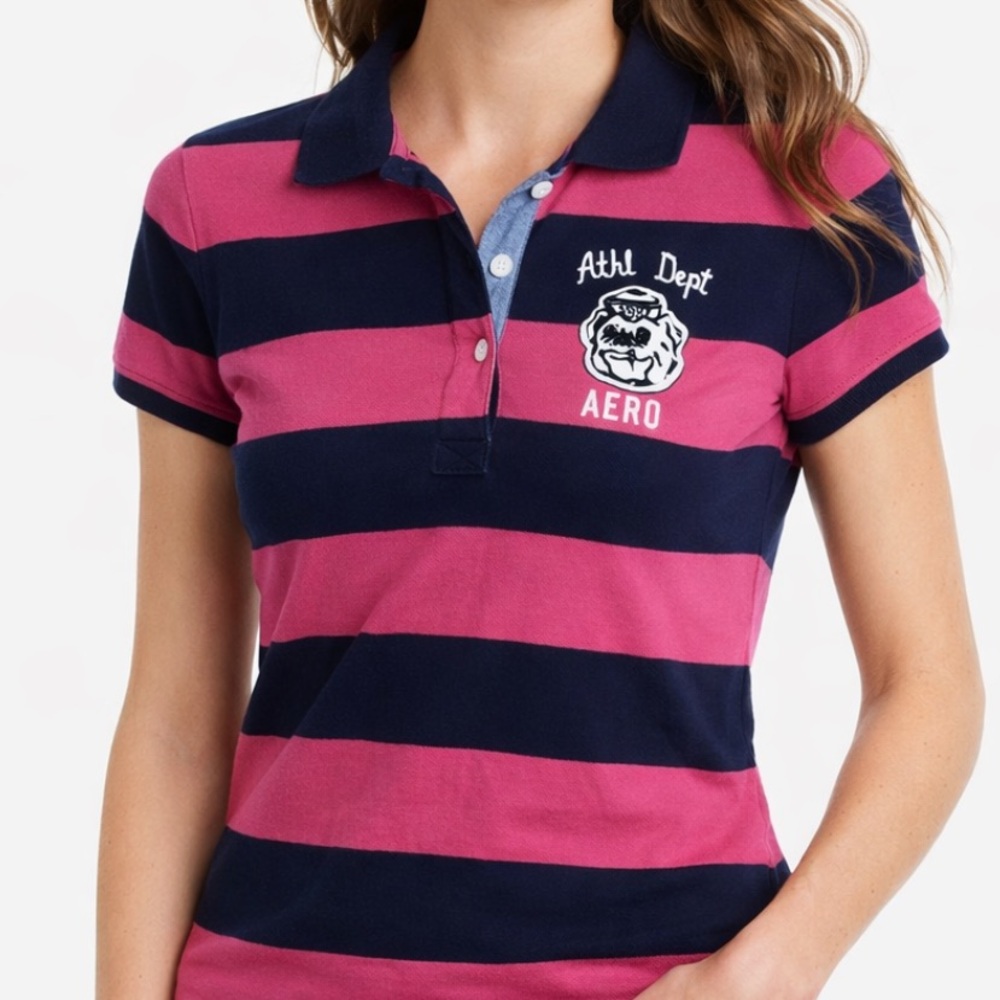 Aeropostale Pink and Navy Striped Polo